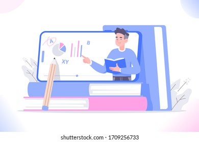 Online education and e-learning concept. Young male mentor in smartphone on books pointing on elements on screen during video. Distance education and video lesson concept, vector illustration