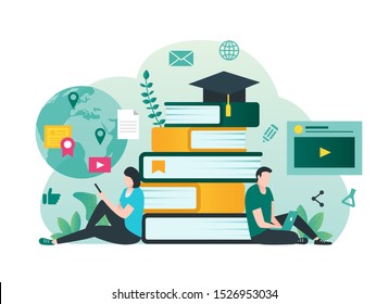 Online education, e-learning, online course concept with students using laptop and smartphone online learning. Illustration for website, landing page and infographic
