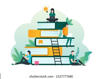 Online education, e-learning, online course concept with students learning and using laptop illustration. Illustration for website, landing page and infographic