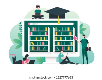 Online education, e-learning, online course concept with students and digital library books illustration. Illustration for website, landing page and infographic