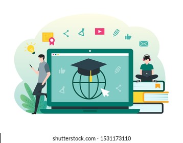 Online education, e-learning, online course concept. Students learning on line with laptop and mobile phone. Illustration for website, landing page and infographic