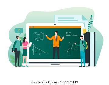 Online education, e-learning, online course concept with online teacher and students. Illustration for website, landing page and infographic