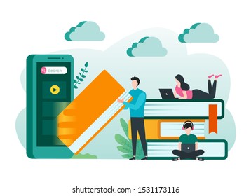 Online education, e-learning, online course concept. Students learning on line with electronic library and cloud computing. Illustration for website, landing page and infographic