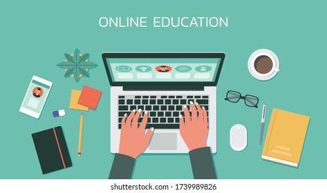 online education, e-learning, online course concept, home school, human hand using laptop computer on top view, distance learning, flat vector illustration