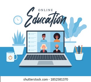 online education, e-learning, online course concept, home school vector illustration. students on laptop computer screen, distance learning, new normal, cartoon vector flat illustration