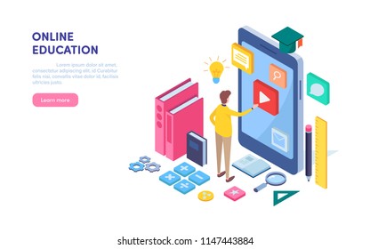 Online education. E-learning, course, Training, Isometric cartoon miniature  illustration vector graphic on white background.