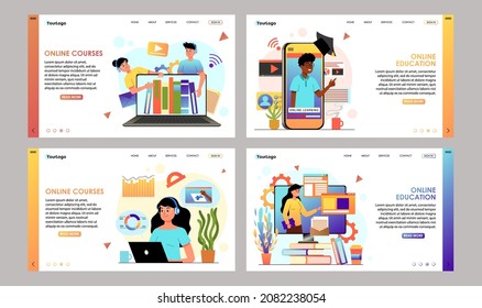 Online education, e-learning design concept set. Young people teaching, training or learning in online educational courses, university, school use laptop, computer, smartphone. Vector illustration