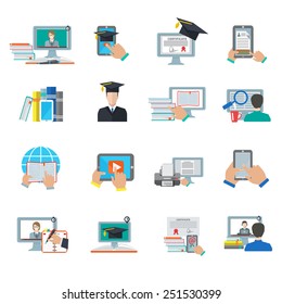 Online education e-learning digital graduation flat icon set isolated vector illustration