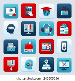 Online education e-learning distance knowledge digital training icons set isolated vector illustration