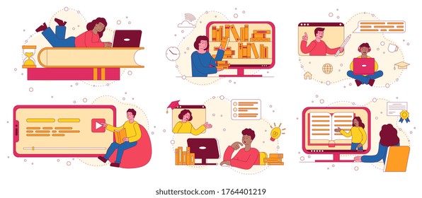 Online education, e-learning or distance learning concept with children watching webinars and lectures on computers and one student working on a stack of books, colored vector illustration