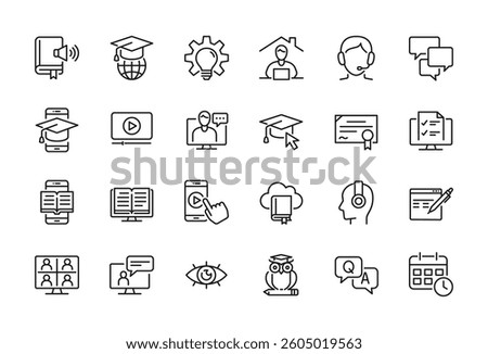 Online Education, E-learning, E-book related minimal thin line icon set - Editable stroke, Pixel perfect at 64x64