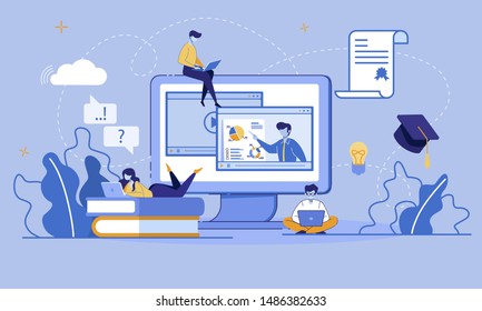 Online Education, E-Learning, E-Library via Digital Device. Educational Application, Video Tutorials. Cartoon Students Use Laptop and Wi-Fi. Electronic Graduation Certificate. Vector Flat illustration