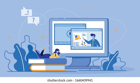 Online Education, E-Learning, E-Library via Digital Device. Educational Application, Video Tutorials. Student Use Laptop and Wi-Fi. Electronic Graduation Certificate. Cartoon Flat Vector Illustration