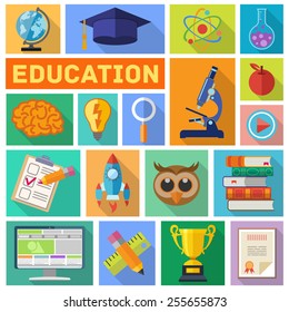 Online Education and E-learning Flat Icon Set for Flyer, Poster, Web Site with long shadow. Vector Illustration.