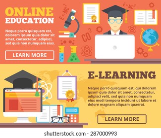 Online education, e-learning flat illustration concepts set. Flat design concepts for web banners, web sites, printed materials, infographics. Creative vector illustration