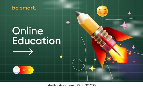 Online education, e-learning. Flying pencil rocket on green chalkboard with checkered pattern. Back to school web banner for start up concept, website and landing page, vector illustration