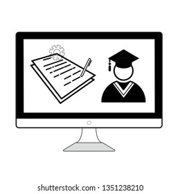 Online education, E-learning and graduated study abroad international conceptual icon vector, Exam for educational technology use computer hardware internet for distant learning