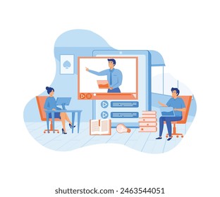 Online education and E-learning at home by webinar training and design for Webinar, online video training, tutorial podcast and business coaching concept. flat vector modern illustration 