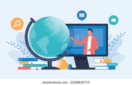 online education and E-learning at home by webinar training and design for global Webinar, online video training, tutorial podcast and business coaching concept.