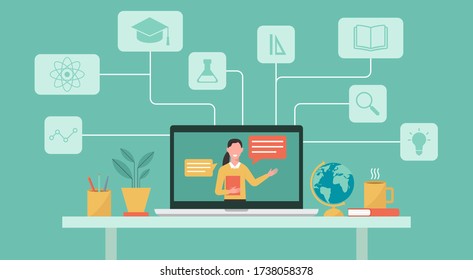 online education or e-learning, home school, woman teacher teaching on computer laptop screen, distance learning, online course concept, flat vector illustration