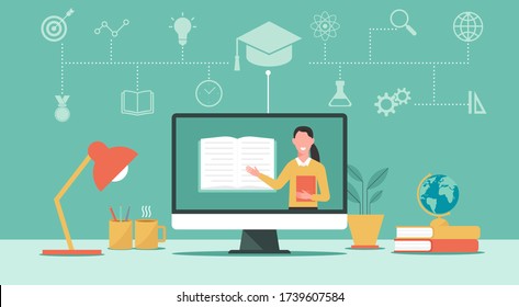 online education or e-learning, home school, teacher on computer laptop screen, distance learning, online course concept, flat vector illustration