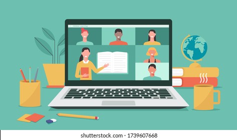 online education or e-learning, home school, teacher teaching students on computer laptop screen, distance learning, online course concept, flat vector illustration