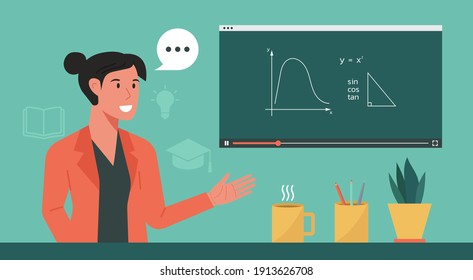 Online-Unterricht oder eLearning, Hausschule, Lehrerunterricht über Bildschirm, Fernunterricht, Online-Kurs-Konzept, flache Vektorgrafik