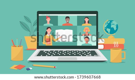online education or e-learning, home school, teacher teaching students on computer laptop screen, distance learning, online course concept, flat vector illustration