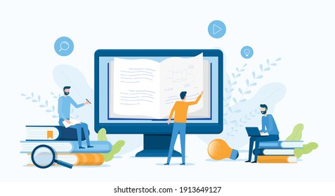 online education and E-learning at home with online video training concept. people use computer for online reading and online library. Flat vector illustration design.