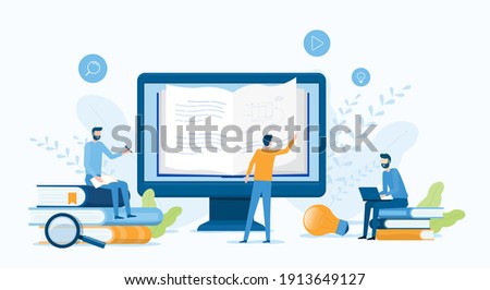 online education and E-learning at home with online video training concept. people use computer for online reading and online library. Flat vector illustration design.