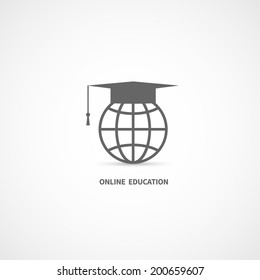 Online education e-learning icon globe with graduation hat isolated on white background vector illustration