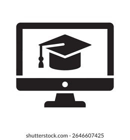 Ícone de e-learning de educação on-line com um teto de graduação em um monitor de computador para um curso universitário virtual de ensino de grau e distância vetor ícone de glifo sólido