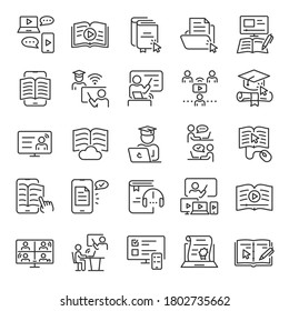 Online education, e-learning, icon set. Distance learning program, linear icons. Communication with the teacher at a distance. Line with editable stroke