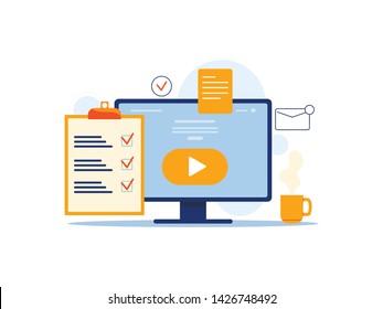 Online education, e-learning, internet courses, studying foreign languages concept with computer monitor, to do list, cup of coffee, infographic. Flat vector abstract illustration isolated on white.
