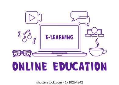 Enseñanza en línea o e-learning o graduación en Internet conjunto de iconos con dispositivo móvil, teléfono celular, video, chat, PC, computadora, flecha de computadora, libro, audio, chaart. ratón, cerebro, gafas, taza, auriculares
