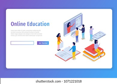 Online Education, E-learning Isometric Concept,  Training Courses. 3d Isometric People. Vector Illustration.