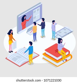Online education, E-learning isometric concept,  training courses. 3d isometric people. Vector illustration.