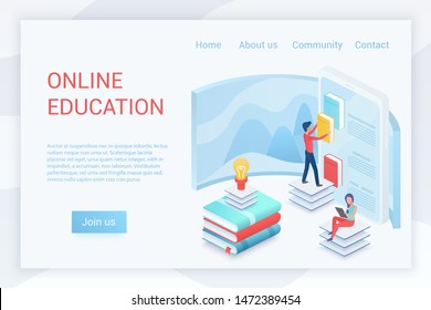 Online education, elearning isometric landing page vector template. Virtual library, e learning program, ebook reading website design layout. Online courses, classes, training 3d concept illustration