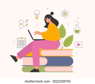 Online education, e-learning, knowledge concept. Girl studying on the laptop on the pile of books. Female student learning via the internet. Isolated flat vector illustration