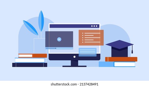 Online education, e-learning, knowledge concept. Distance learning, homeschooling, studying at home. Laptop, books, graduation cap on the desk. Isolated flat vector illustration