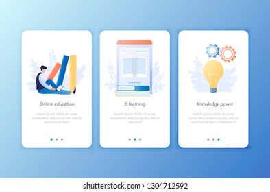 Online education, E-learning, Knowledge power, Courses. Set of onboarding screens user interface kit. Mobile application templates. Website, web page. Modern UX, UI. Flat concept vector illustration