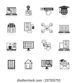 Online education e-learning knowledge resources icons black set isolated vector illustration