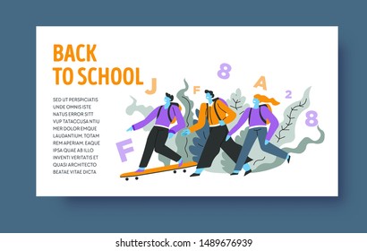 Online education, e-learning landing web page template vector. Homepage app and Internet classroom, school homework and lessons, pupils on skateboards. Distant studying, courses and tutorials website