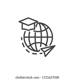 Icono de línea de educación en línea, e-learning. signo de estilo lineal para concepto móvil y diseño web. Globo con icono vectorial de contorno de plano y sombrero de graduación. Símbolo, ilustración del logotipo. Gráficos vectoriales