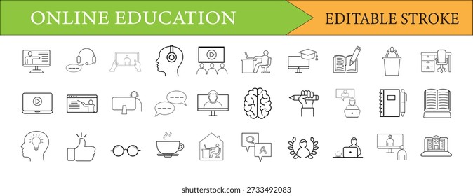 Ícones de linha de educação online e e-learning com traço editável
