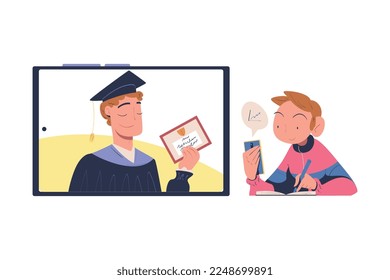 Online Education and E-learning with Man Watching Professor on Computer Screen Giving Lesson on Web Platform Vector Illustration