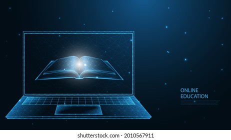 Online Education. E-Learning. Open book with laptop line connection. Low poly wireframe design. Abstract geometric background. vector illustration.
