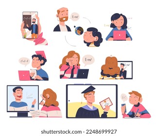 Online Education and E-learning with People Characters Having Lesson on Web Platform Vector Set