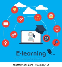 Online education e-learning school distance trainings concept. Vector illustration