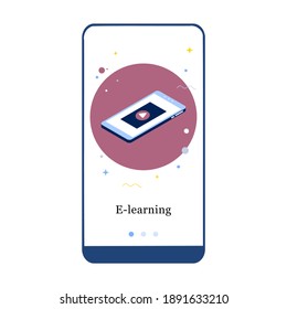 Online Education, E-learning, Online School mobile app onboarding screen. Menu vector banner template for interface UX, UI GUI screen mobile development. Website design 3D isometric flat illustration.